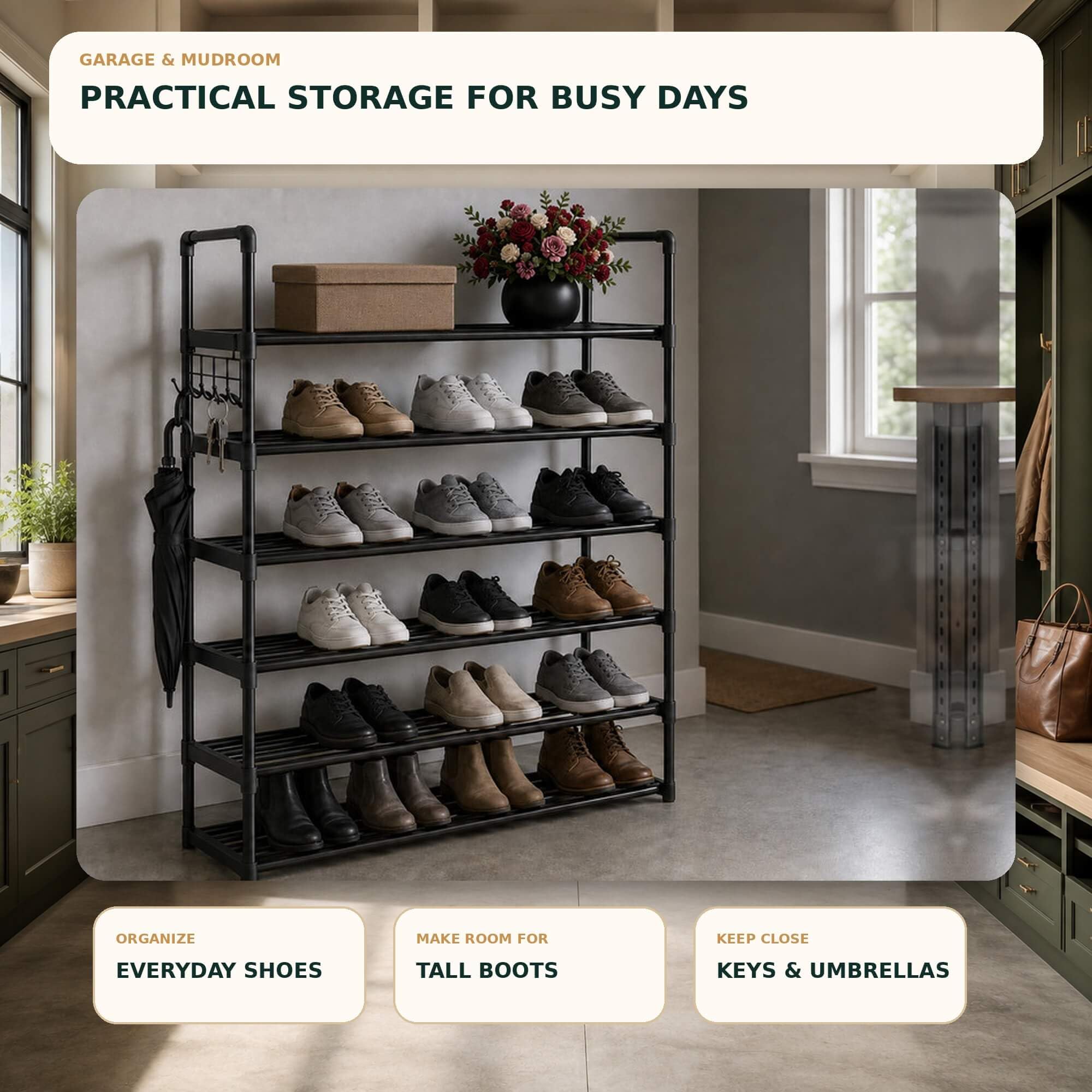 Hsscblet side hooks with bags and umbrellas for quick-access organization benefit