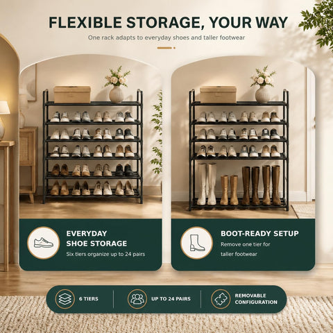 Hsscblet shelf holding boots after removing tier to create taller storage space