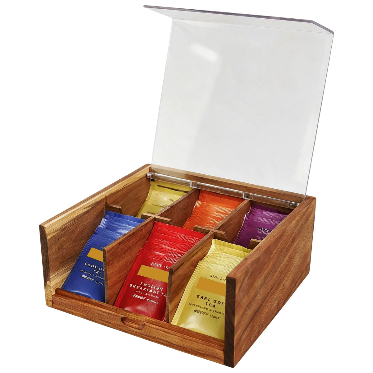 HTB acacia wood tea box front view showing neat six-compartment display and elegant finish