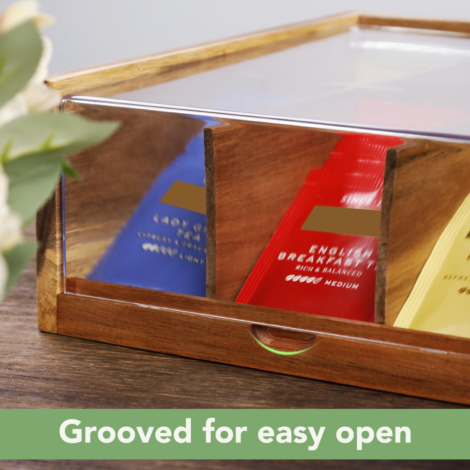 HTB tea organizer open top view with clear lid demonstrating quick access and visibility