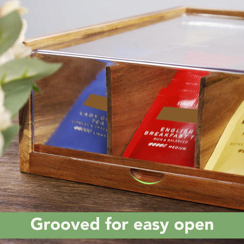HTB tea organizer open top view with clear lid demonstrating quick access and visibility