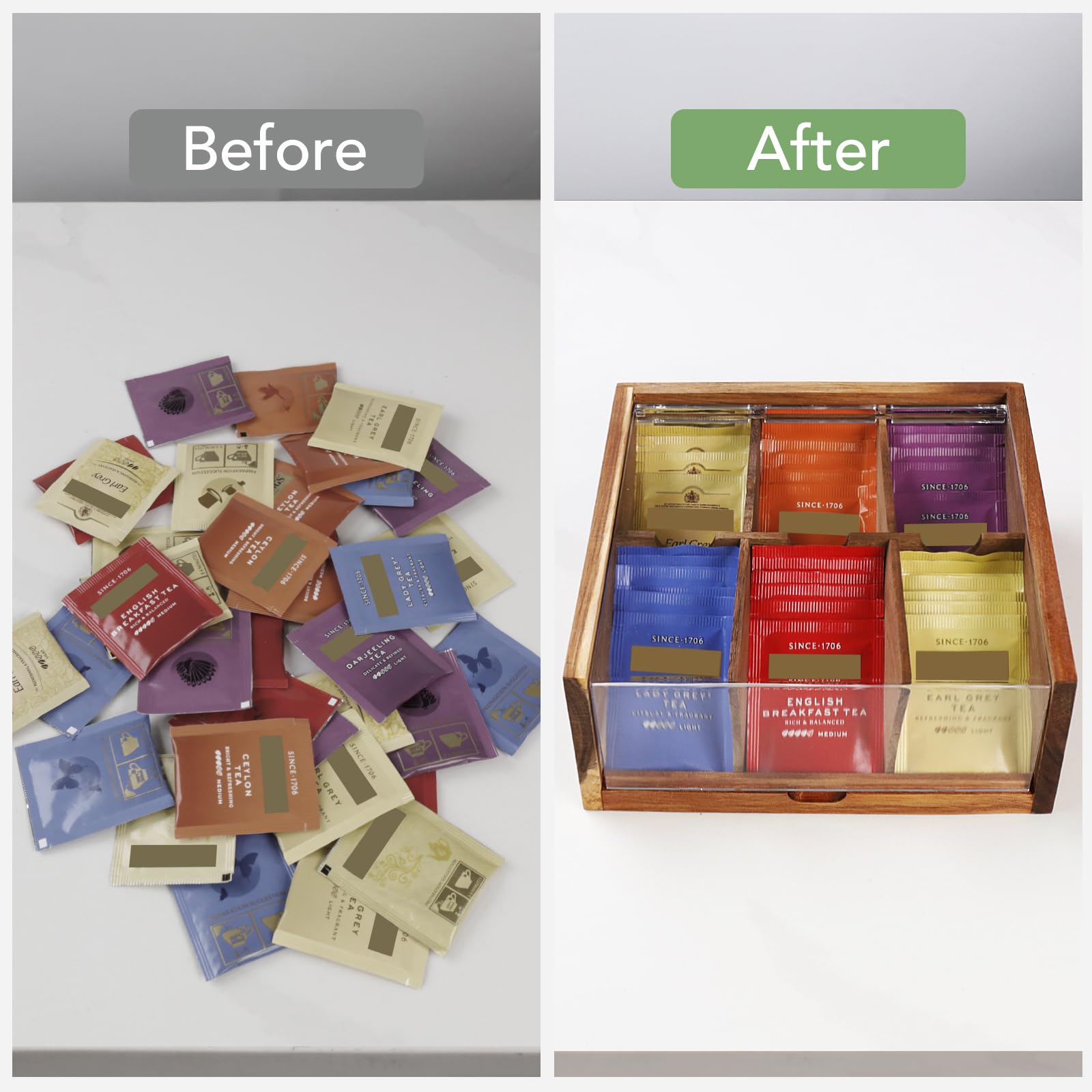 HTB tea box beside a mug for scale showing compact size and tabletop suitability