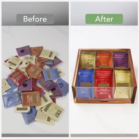 HTB tea box beside a mug for scale showing compact size and tabletop suitability