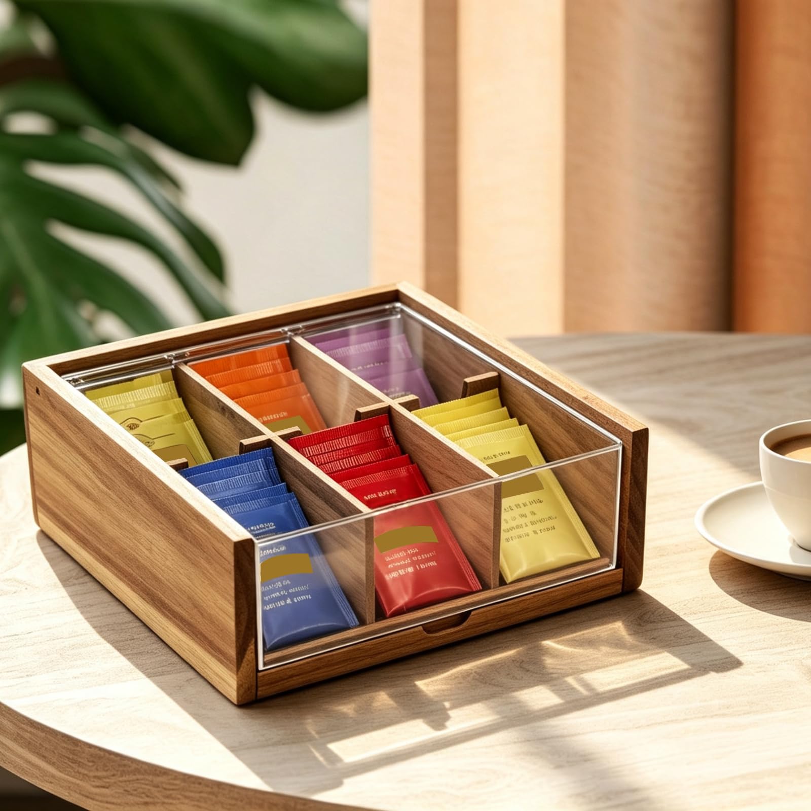 HTB tea box filled with assorted tea bags demonstrating variety storage convenience