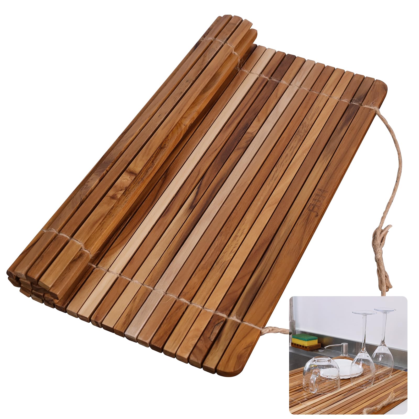 HTB front view of teak over-sink rack showing warm finish and compact design