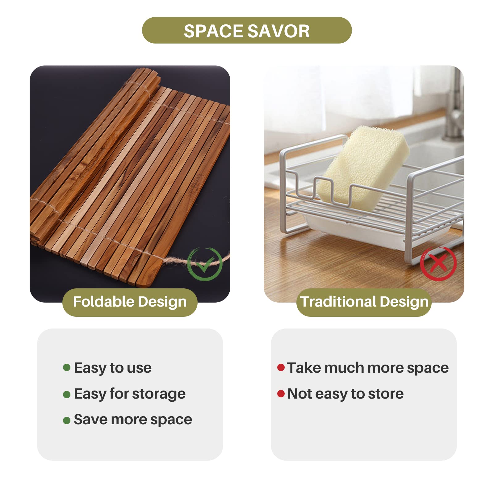 HTB rolled-up teak rack compact for easy storage in cabinet