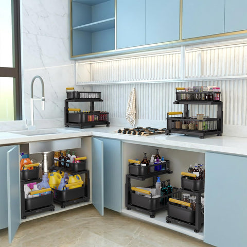 HTH Goods lifestyle kitchen scene showing upgraded cabinet organization benefit