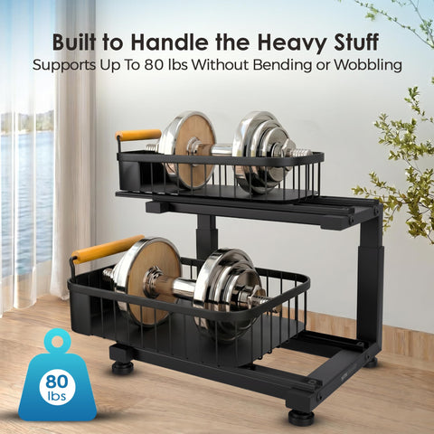 HTH Goods two-tier storage filled with bottles showing organized visibility benefit