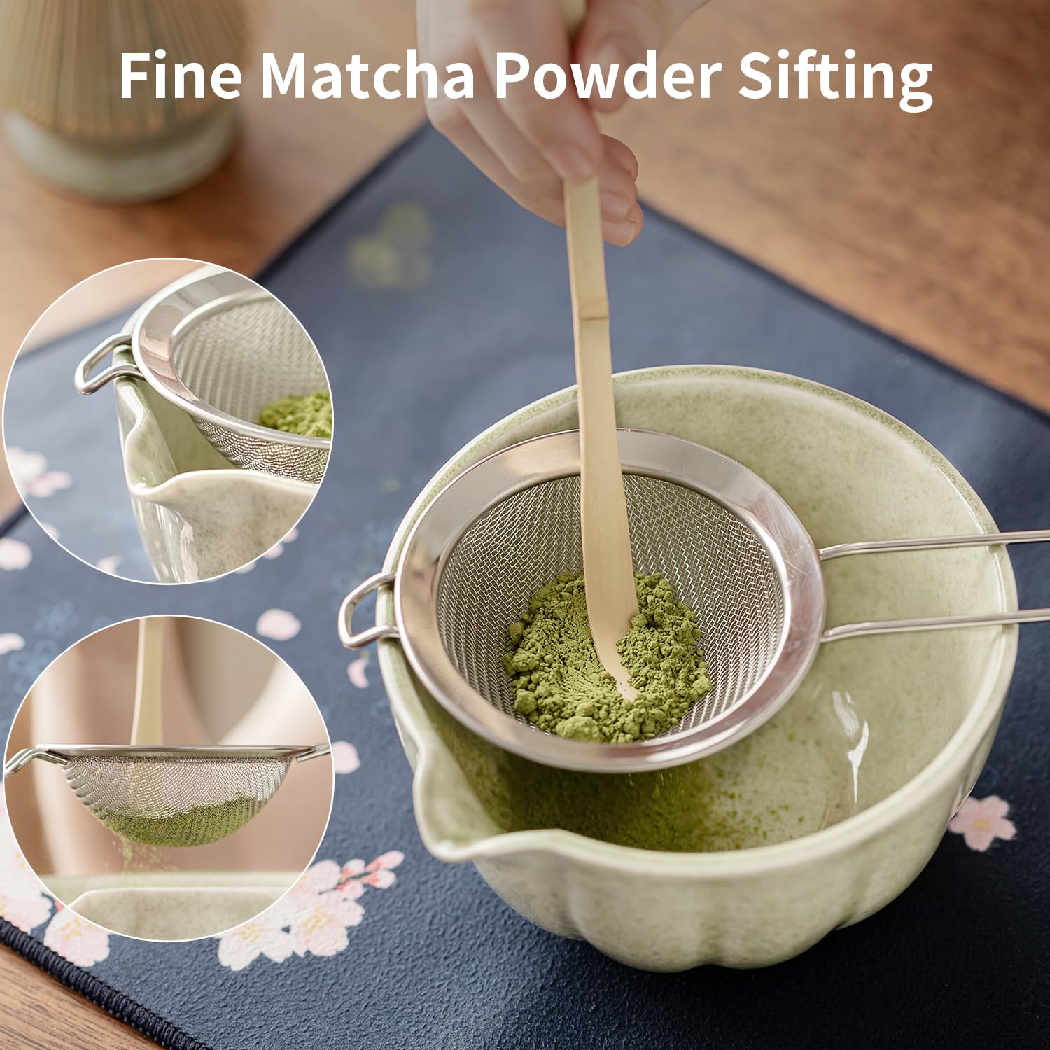 HTRCXB stainless sifter and measuring spoon demonstrating lump-free powder preparation