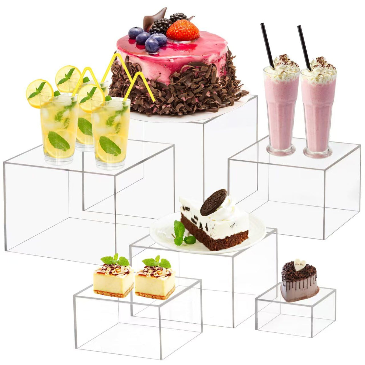 HTRYBNES front-packaging showing six clear acrylic risers, professional presentation benefit