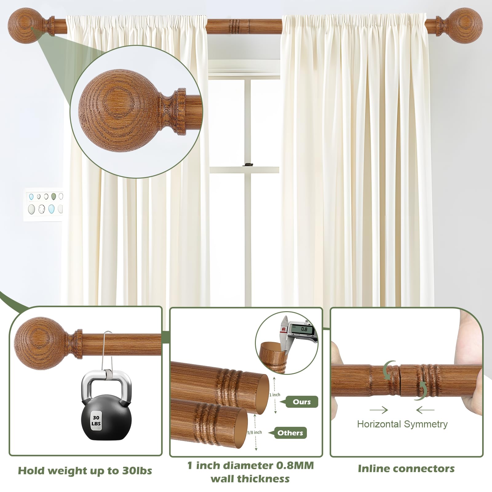 HTZON closeup of wood‑grain ball finial highlighting decorative detail and style