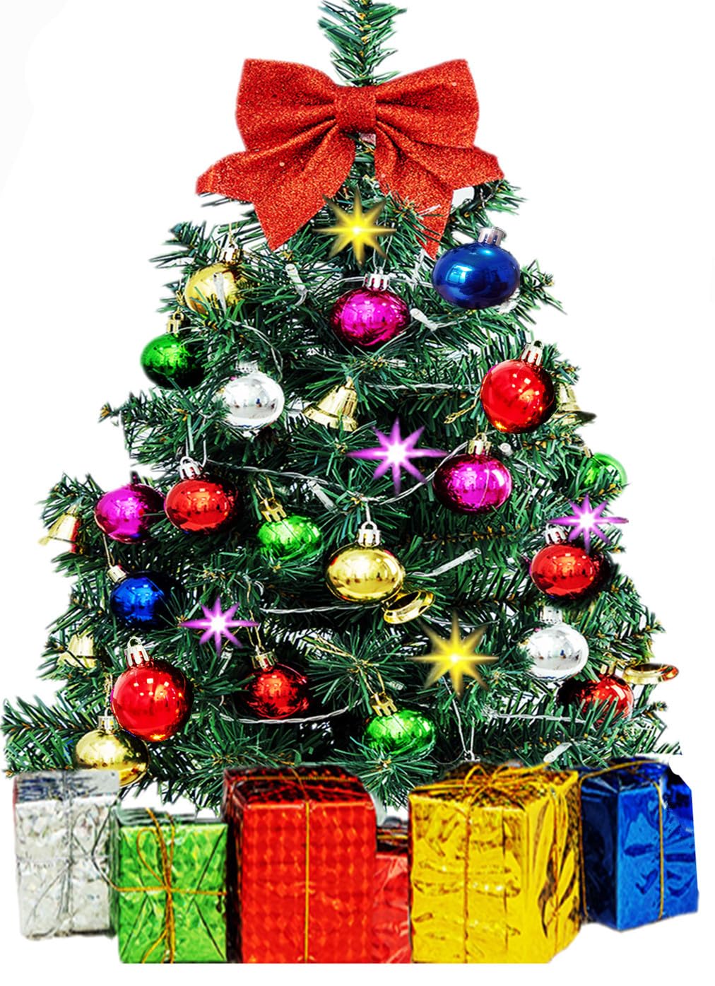 HUAERYOUYUE front view of mini tree showing full decorated effect and cozy glow