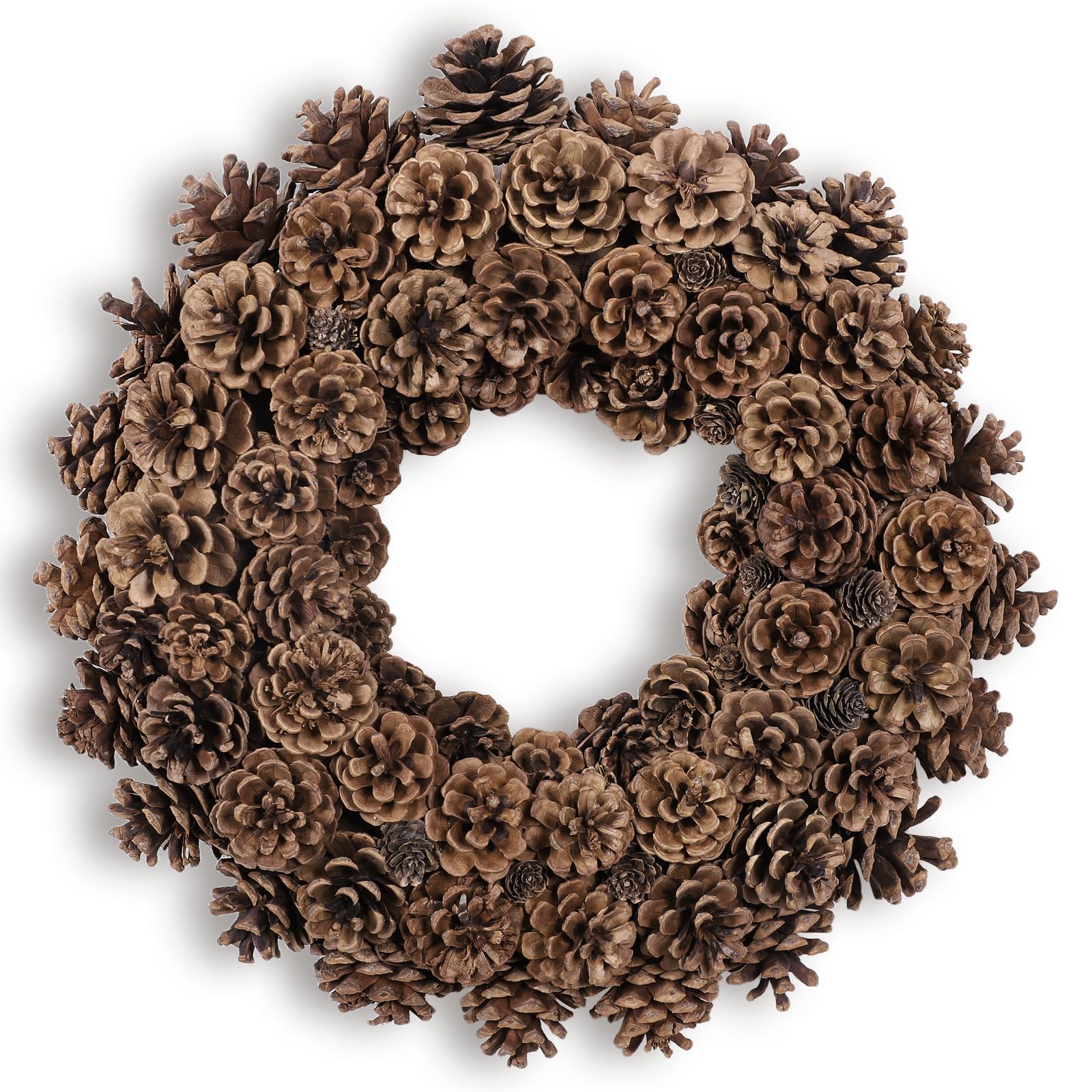 Huashen front view wreath showing full pinecone arrangement and rustic appeal