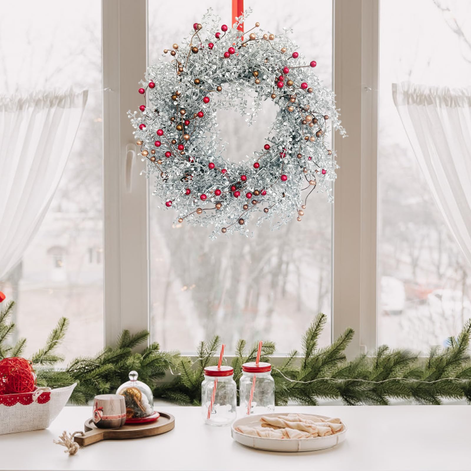 Huashen wreath next to door frame illustrating 24-inch scale and fit