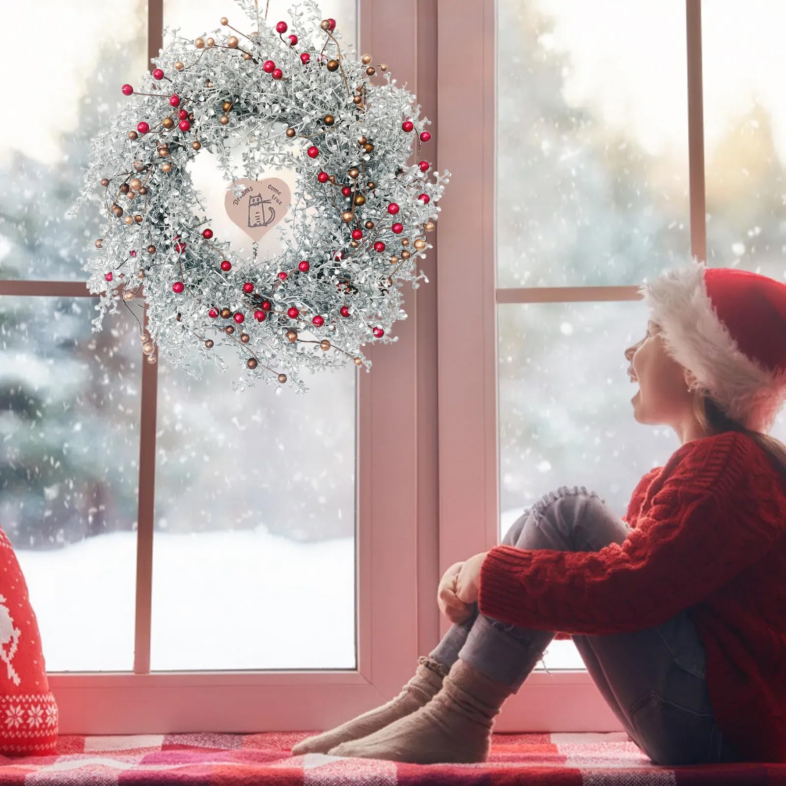 Huashen wreath styled with ribbon and fairy lights demonstrating customizable decor