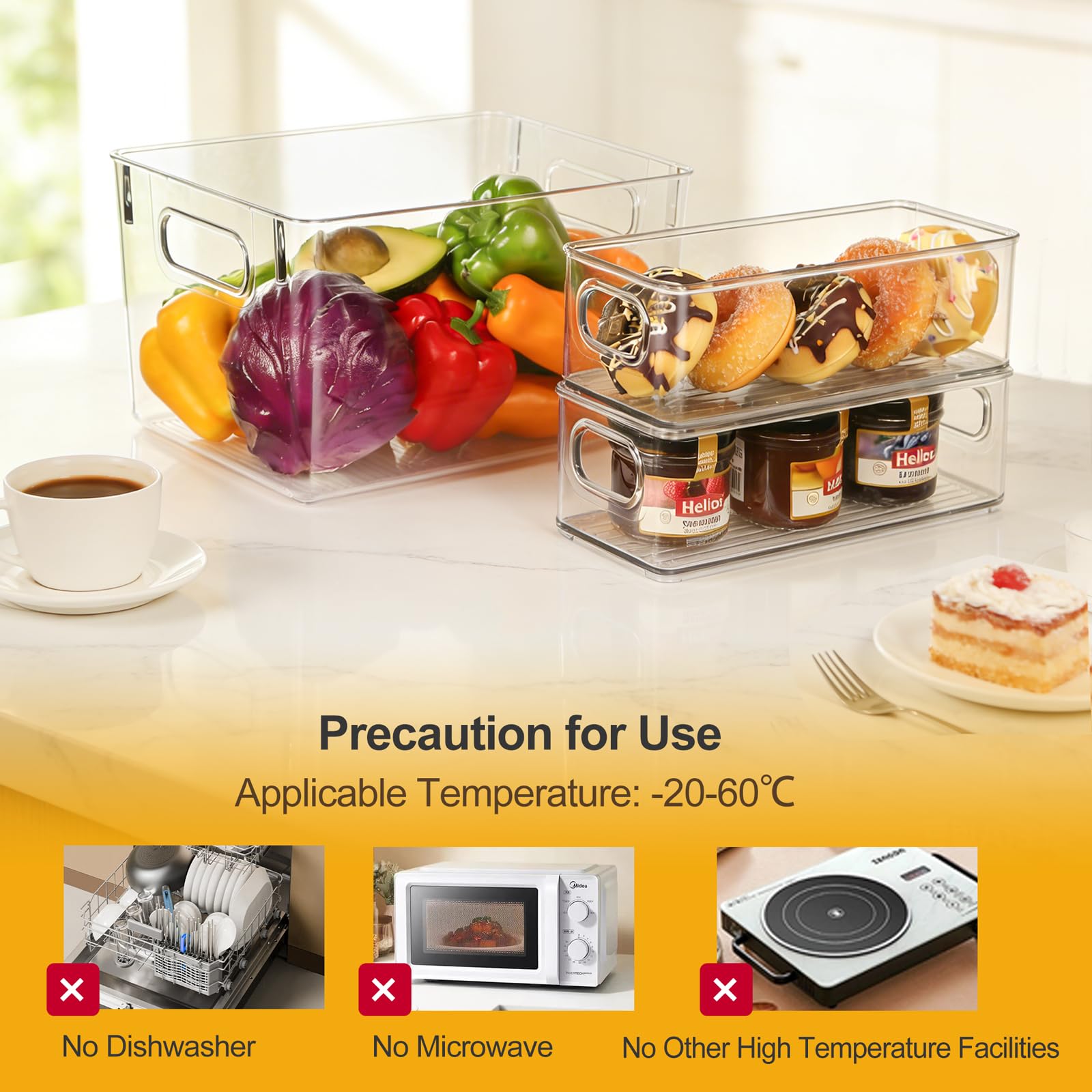 Hudgan refrigerator use showing clear bins keeping cans and yogurt tidy