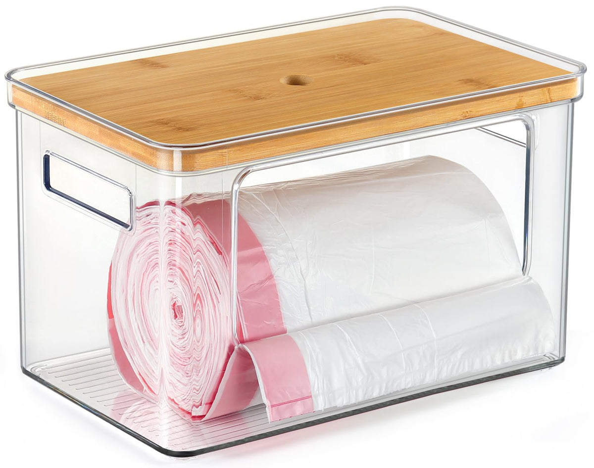 Hudgan front view showing clear storage and bamboo shelf for easy organization