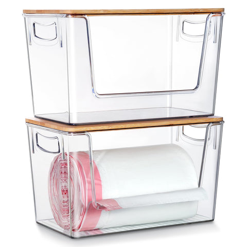 Hudgan front view of stackable bins showing organized storage and space saving