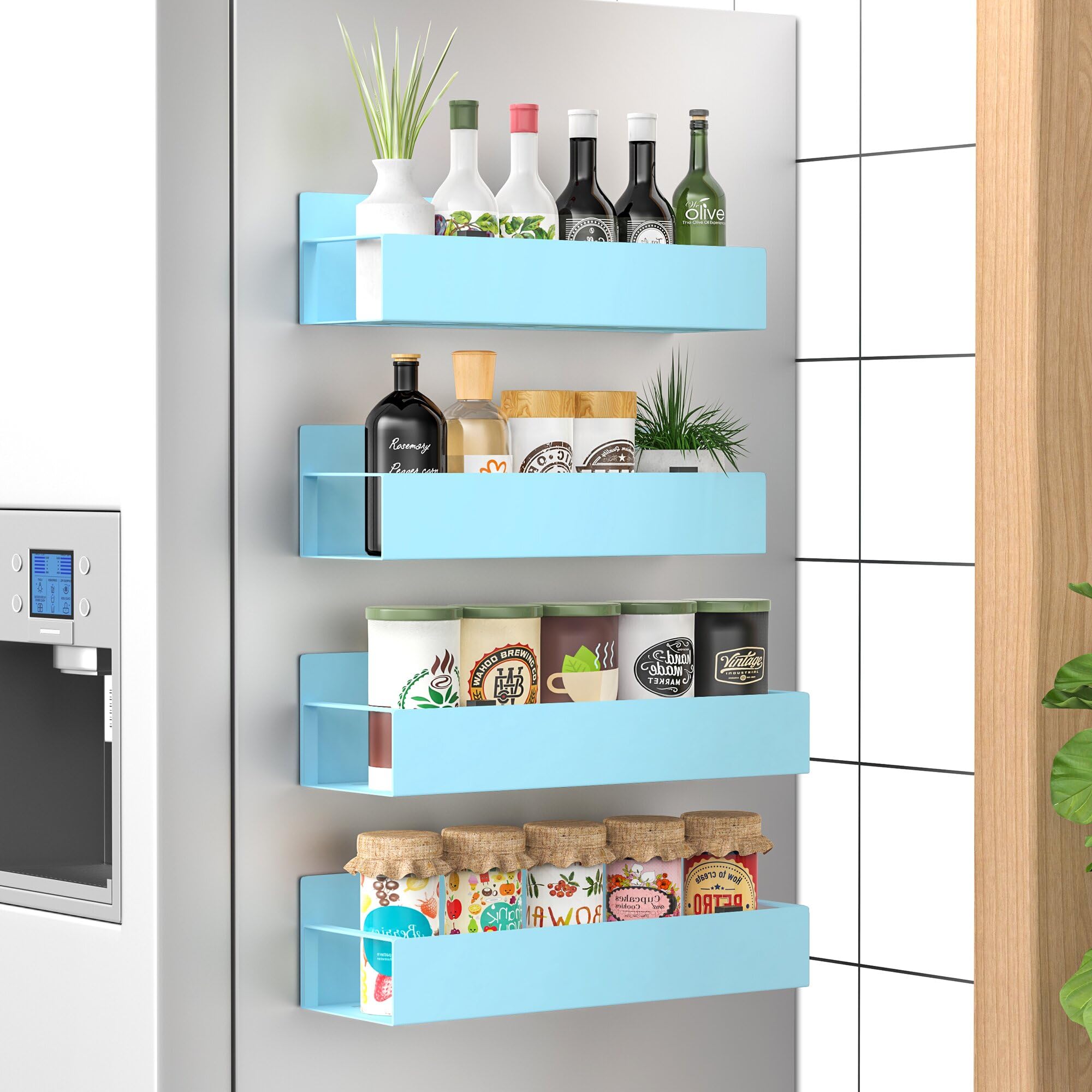HuggieGems blue spice rack front view showing organized storage and quick access
