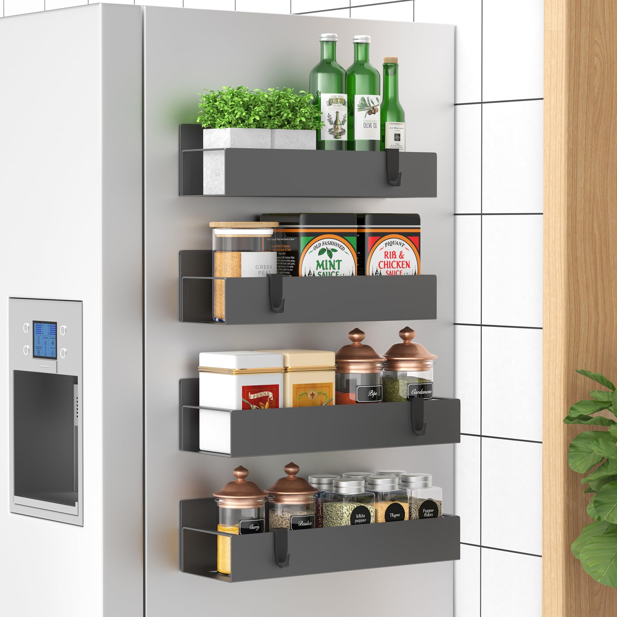 HuggieGems front view of four dark gray magnetic spice shelves showing sleek storage benefit