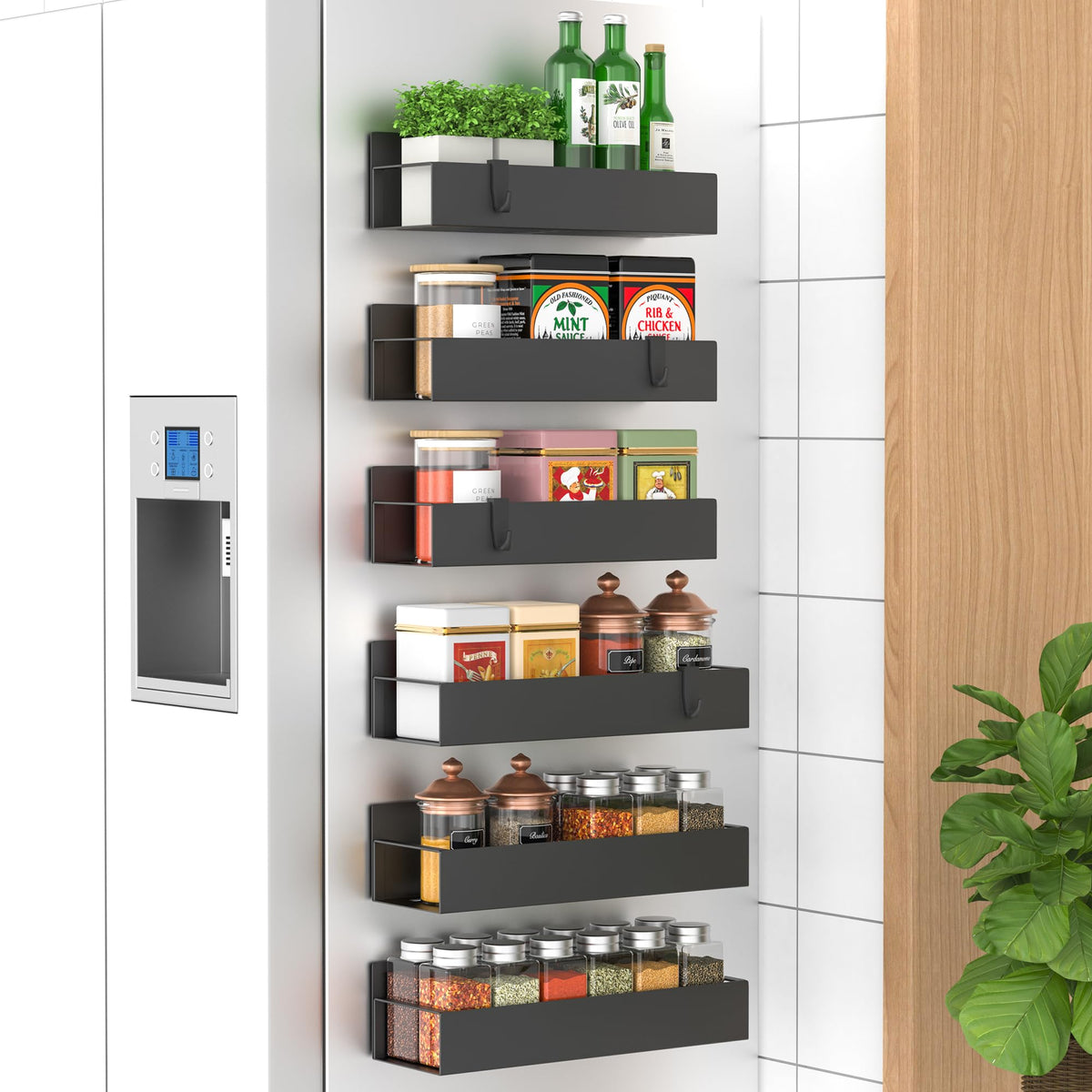 HuggieGems front view showing six black magnetic spice racks and compact design benefit