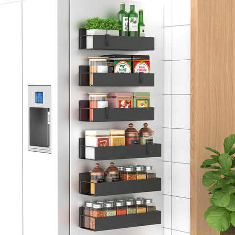 HuggieGems front view showing six black magnetic spice racks and compact design benefit