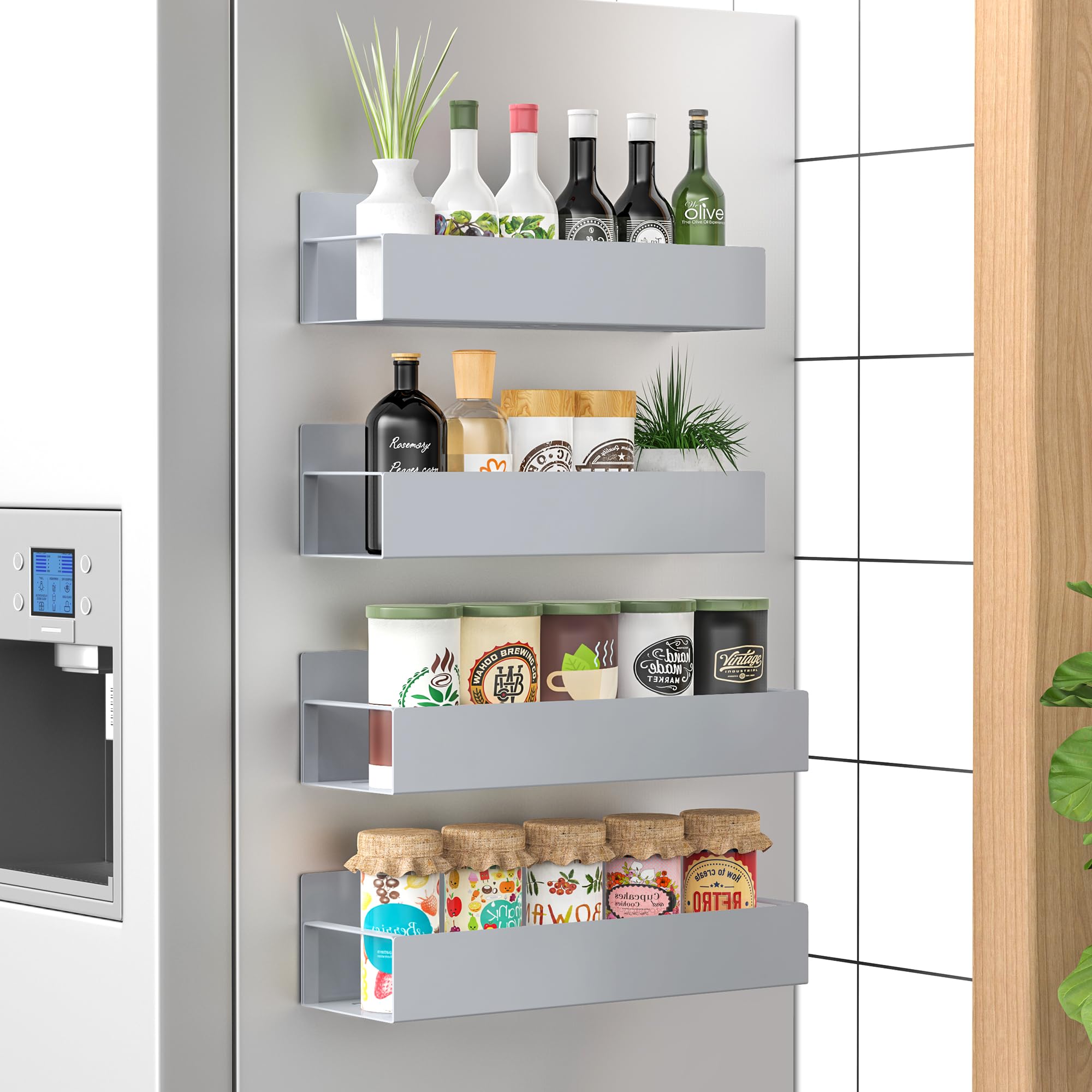 HuggieGems front view of four gray magnetic spice racks showing compact storage benefit