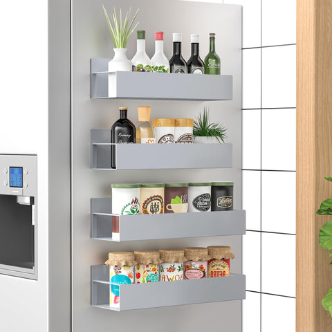 HuggieGems front view of four gray magnetic spice racks showing compact storage benefit