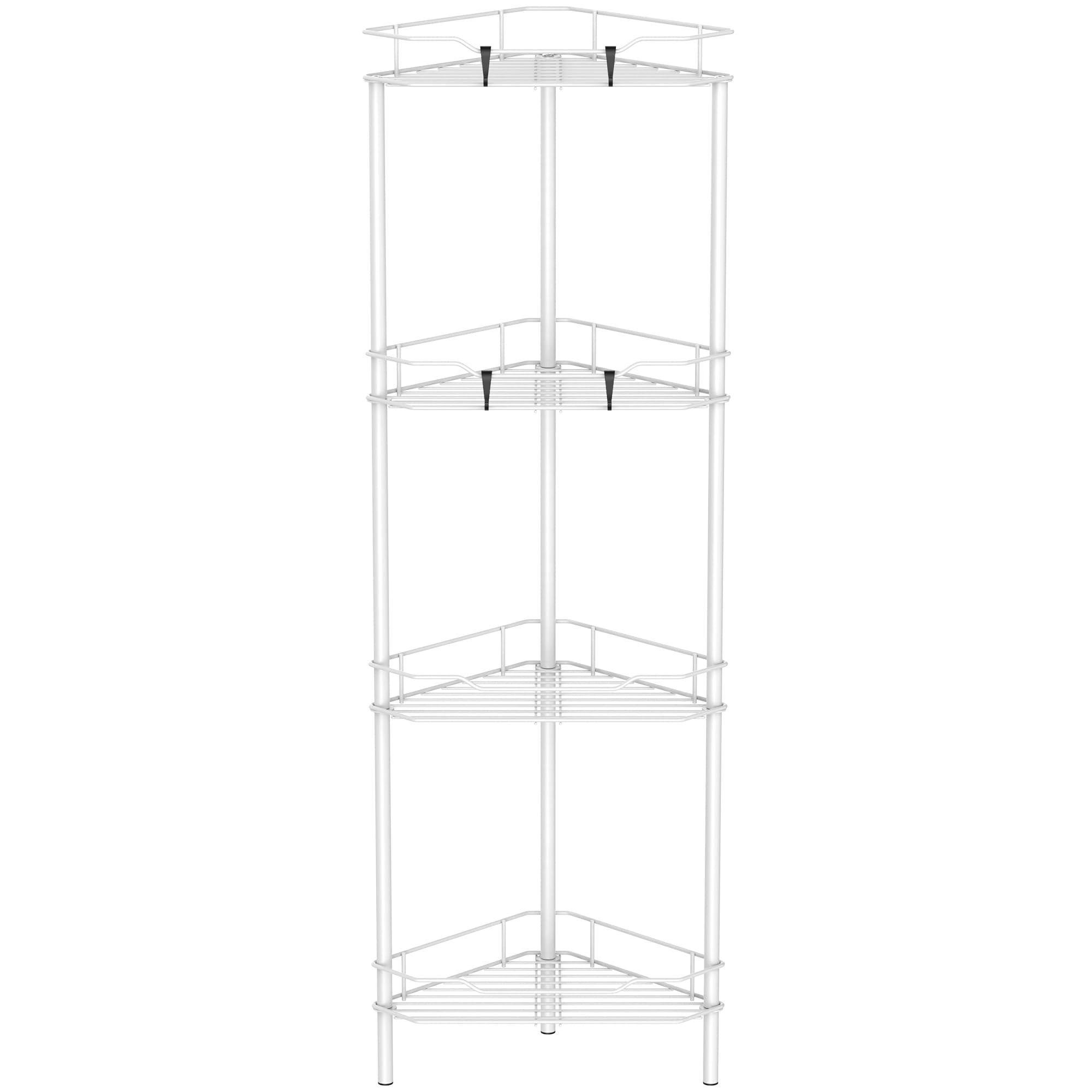 HuggieGems front view of white corner shower caddy showing tidy storage benefit