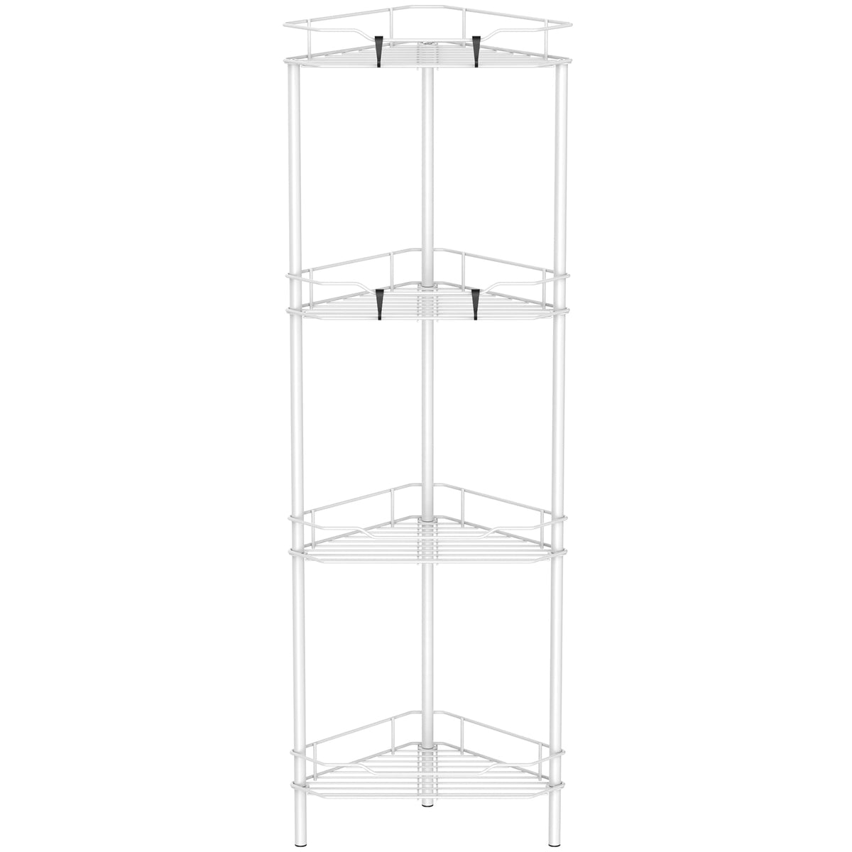HuggieGems front view of white corner shower caddy showing tidy storage benefit