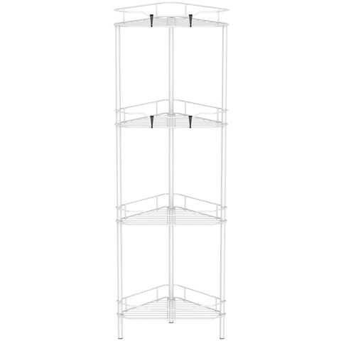 HuggieGems front view of white corner shower caddy showing tidy storage benefit