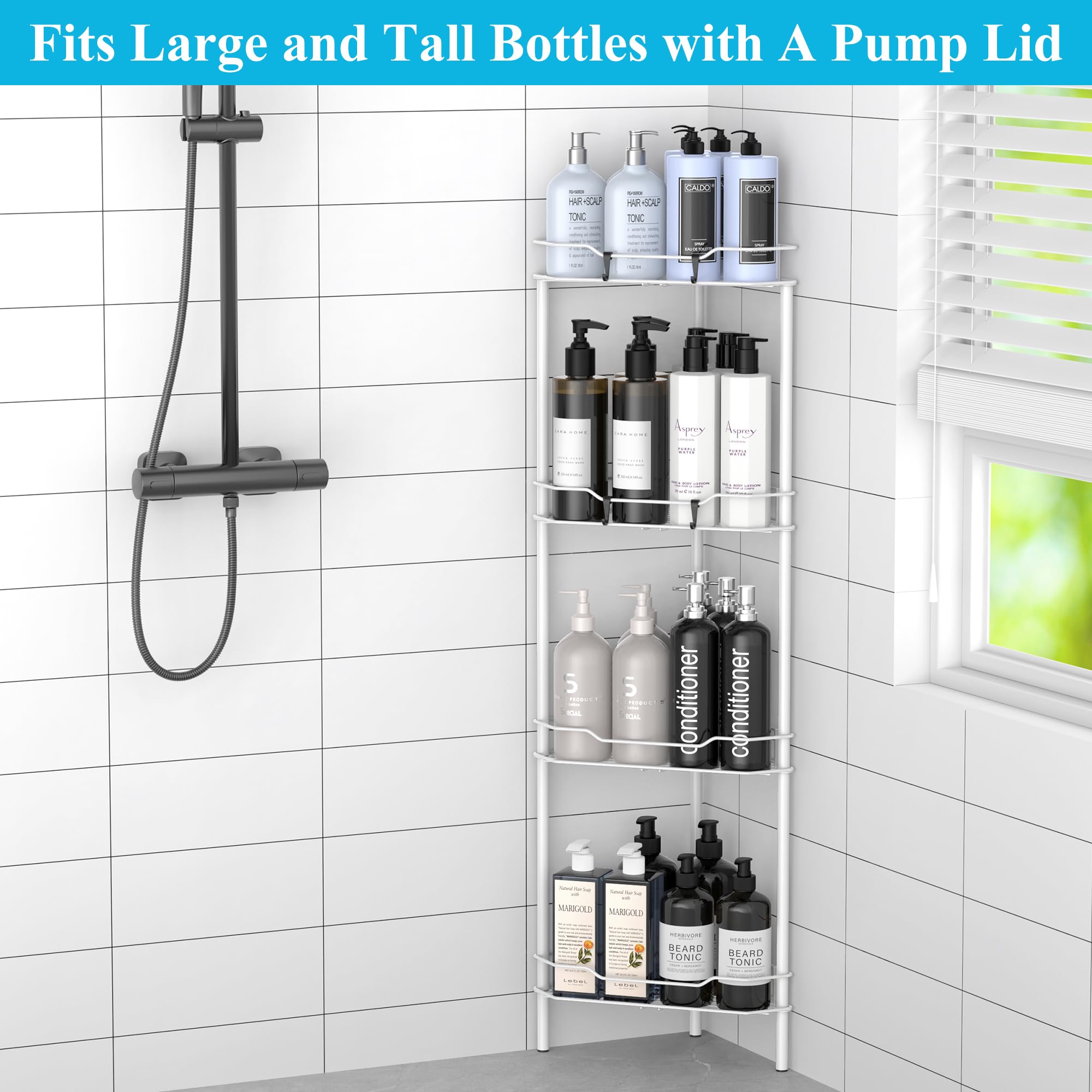 HuggieGems in shower stall showing compact corner saving floor space