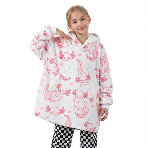 Huglanket front view showing axolotl design and cozy fit benefit comfort