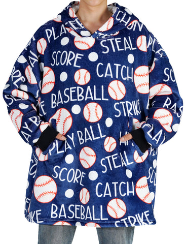 Huglanket front view of hooded blanket showcasing oversized fit and sporty style for cozy warmth