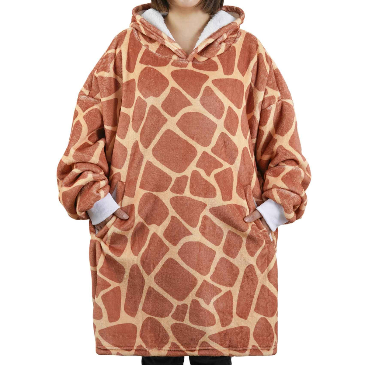 Huglanket giraffe front view showing full pattern and cozy fit
