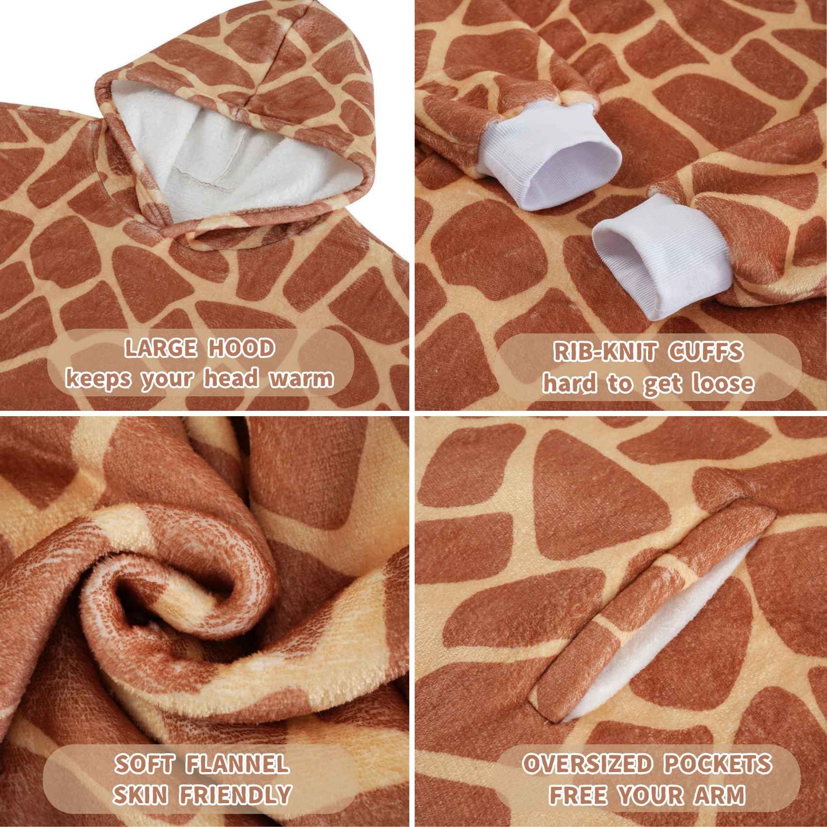 Huglanket giraffe model wearing hoodie demonstrating freedom of movement