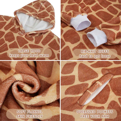Huglanket giraffe model wearing hoodie demonstrating freedom of movement