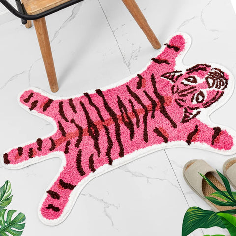 Huichenxing2021FURSTORE front view of pink tiger bath mat showing shape and color benefit