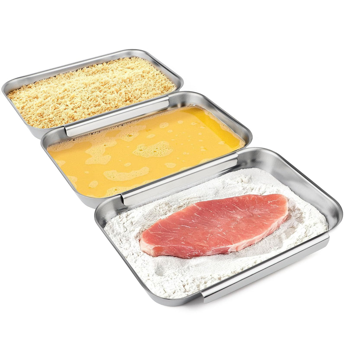 HULISEN front view of three breading trays showing tidy prep station and durability
