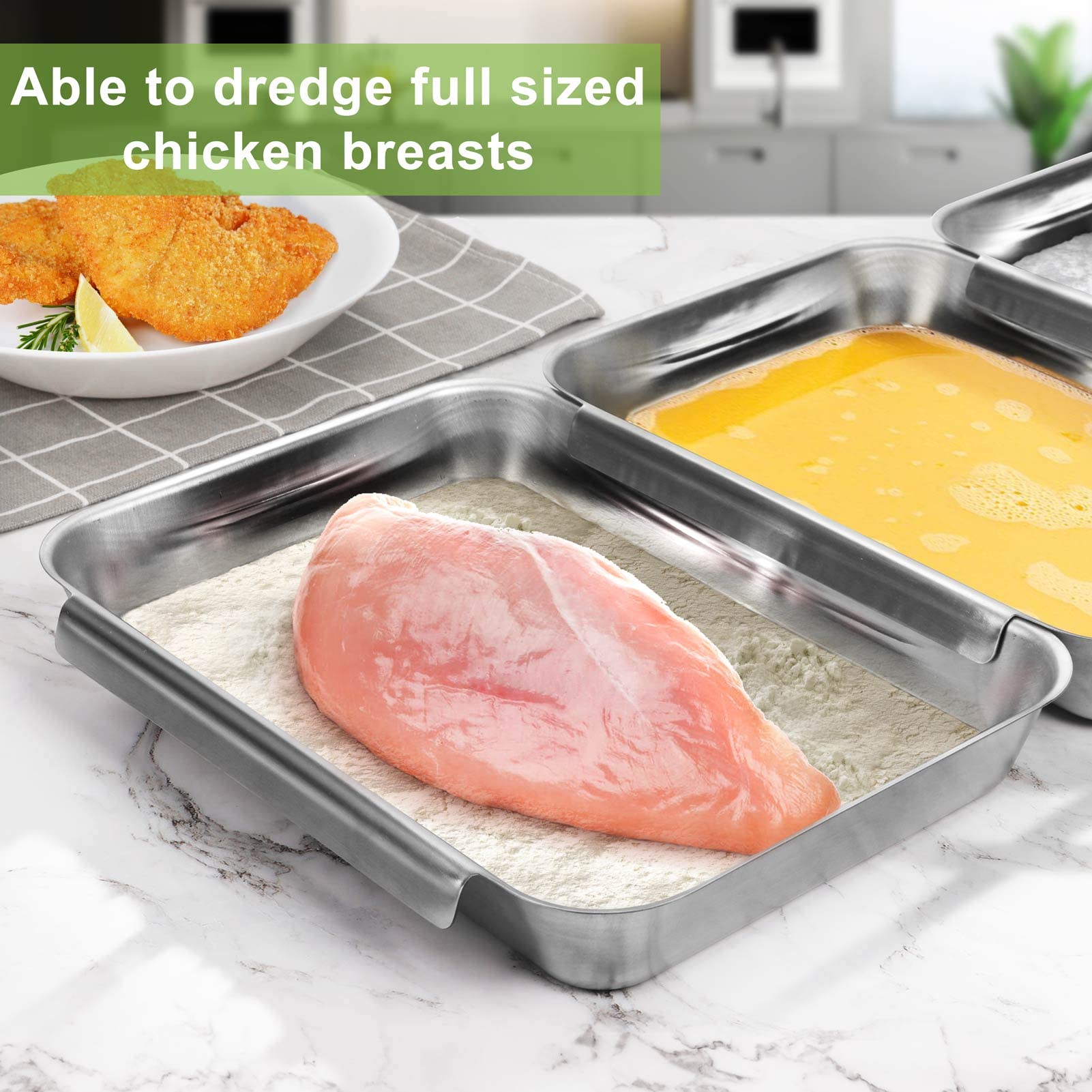 HULISEN tray holding a full chicken breast showing ample space for coating benefit