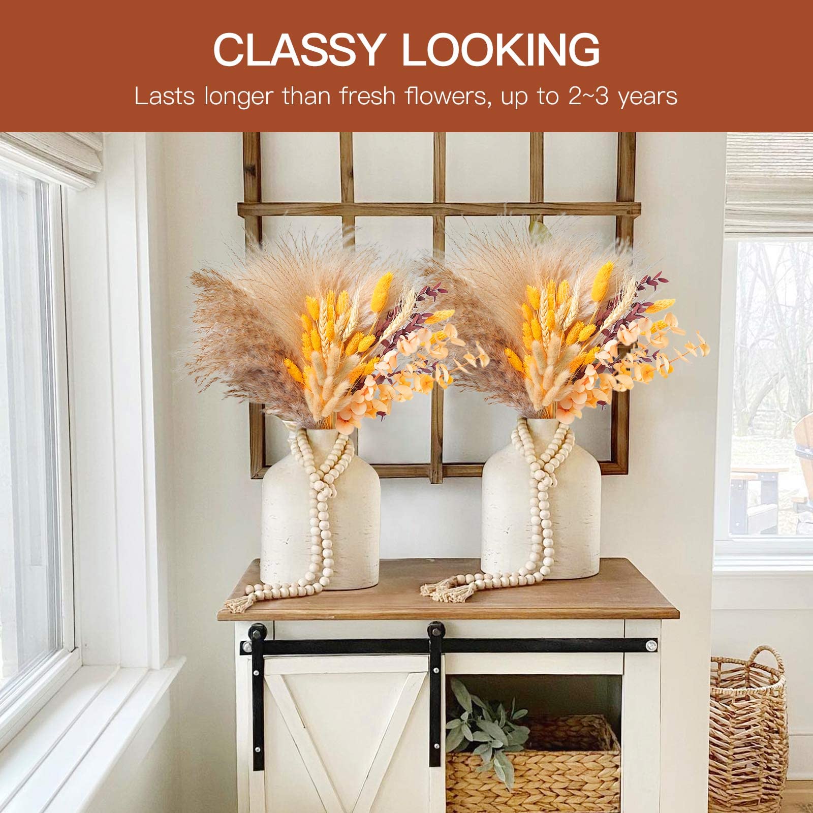 HUMINBO pampas styled in vase on mantel adds warm autumn ambiance