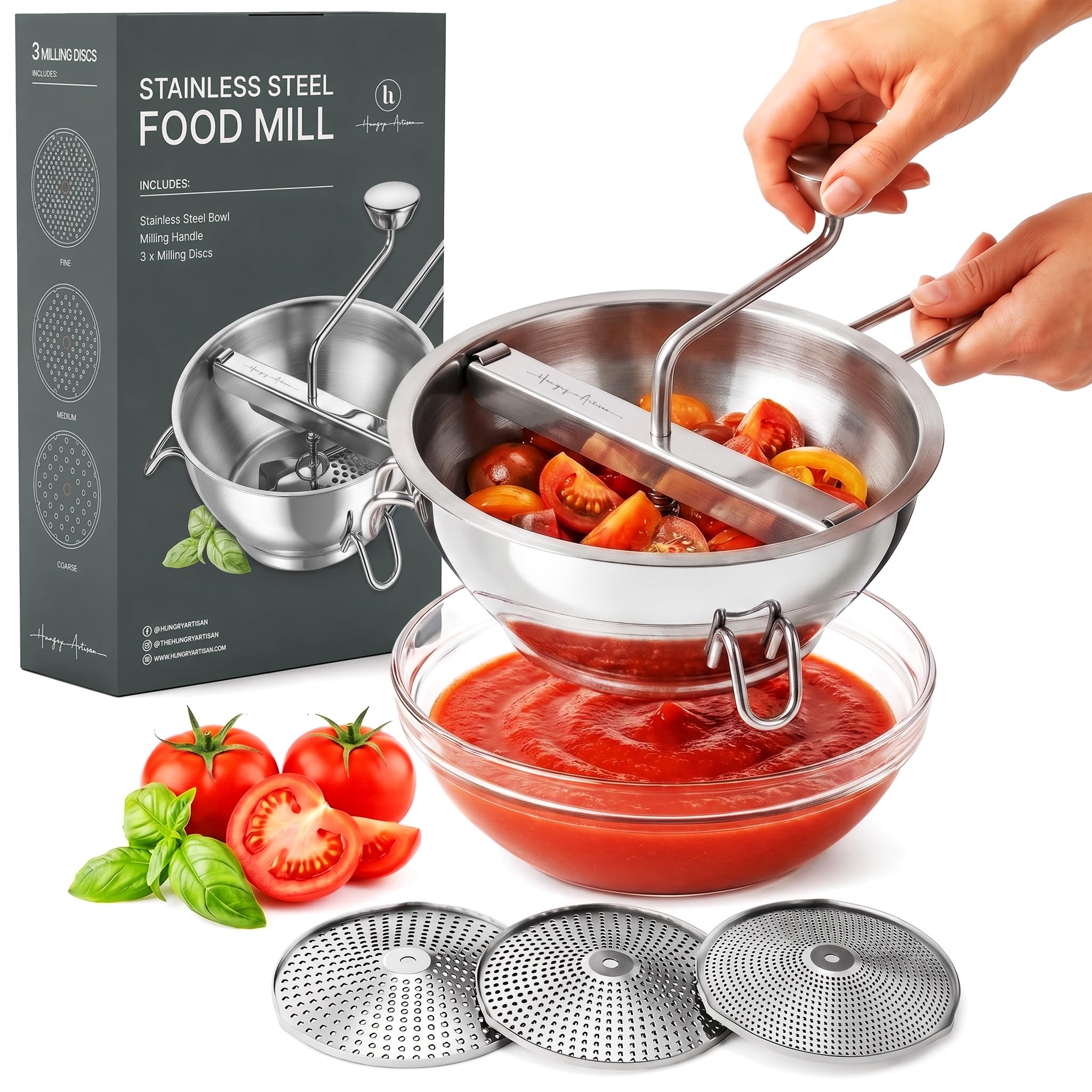 Hungry Artisan front view food mill showing durable stainless finish and simple setup