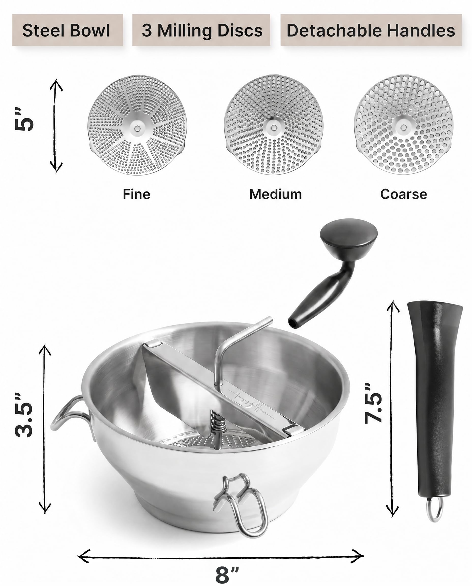 The Hungry Artisan support handles engaged on a mixing bowl ensuring stable milling