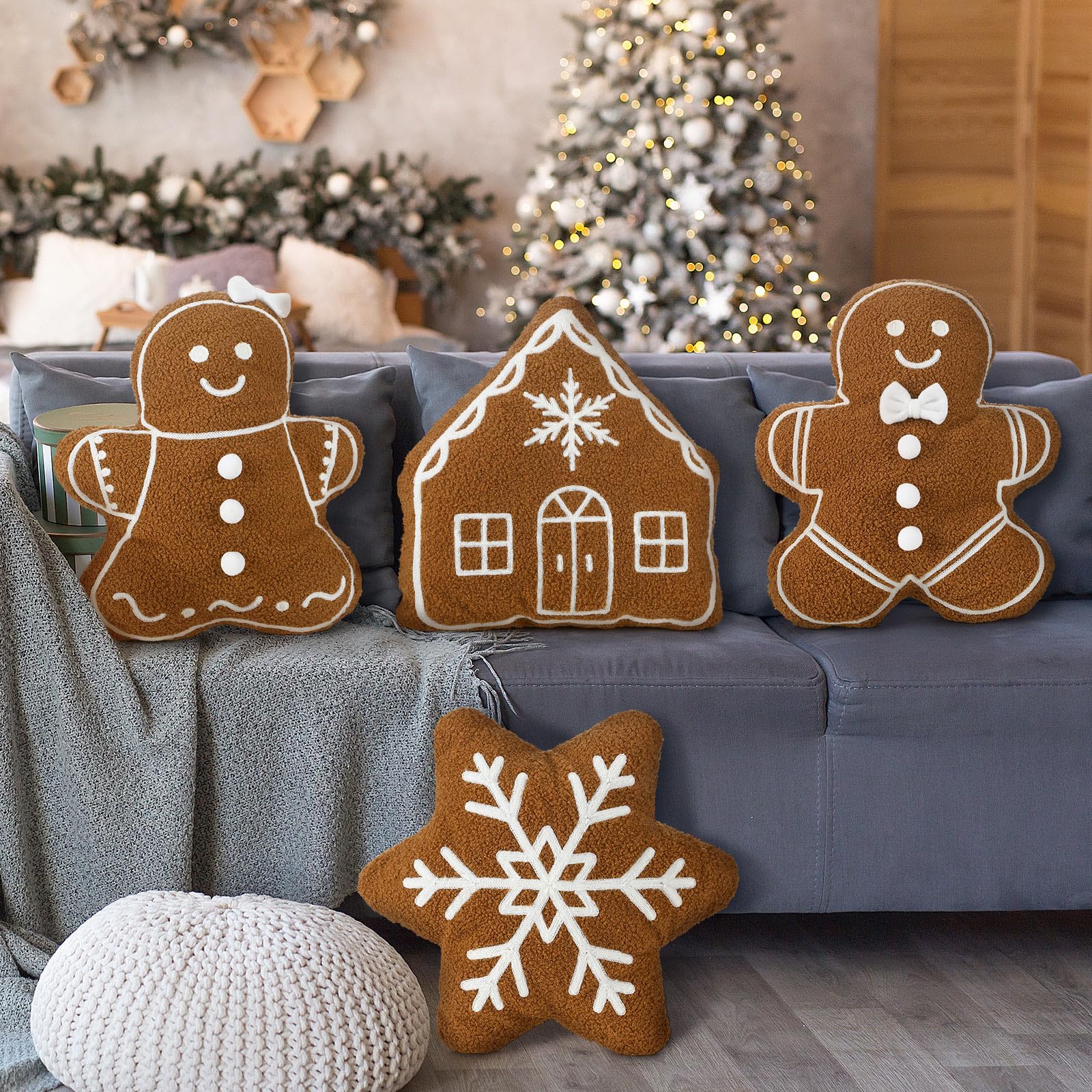 HunnmingRe front view of four caramel gingerbread pillows showing shapes and balance