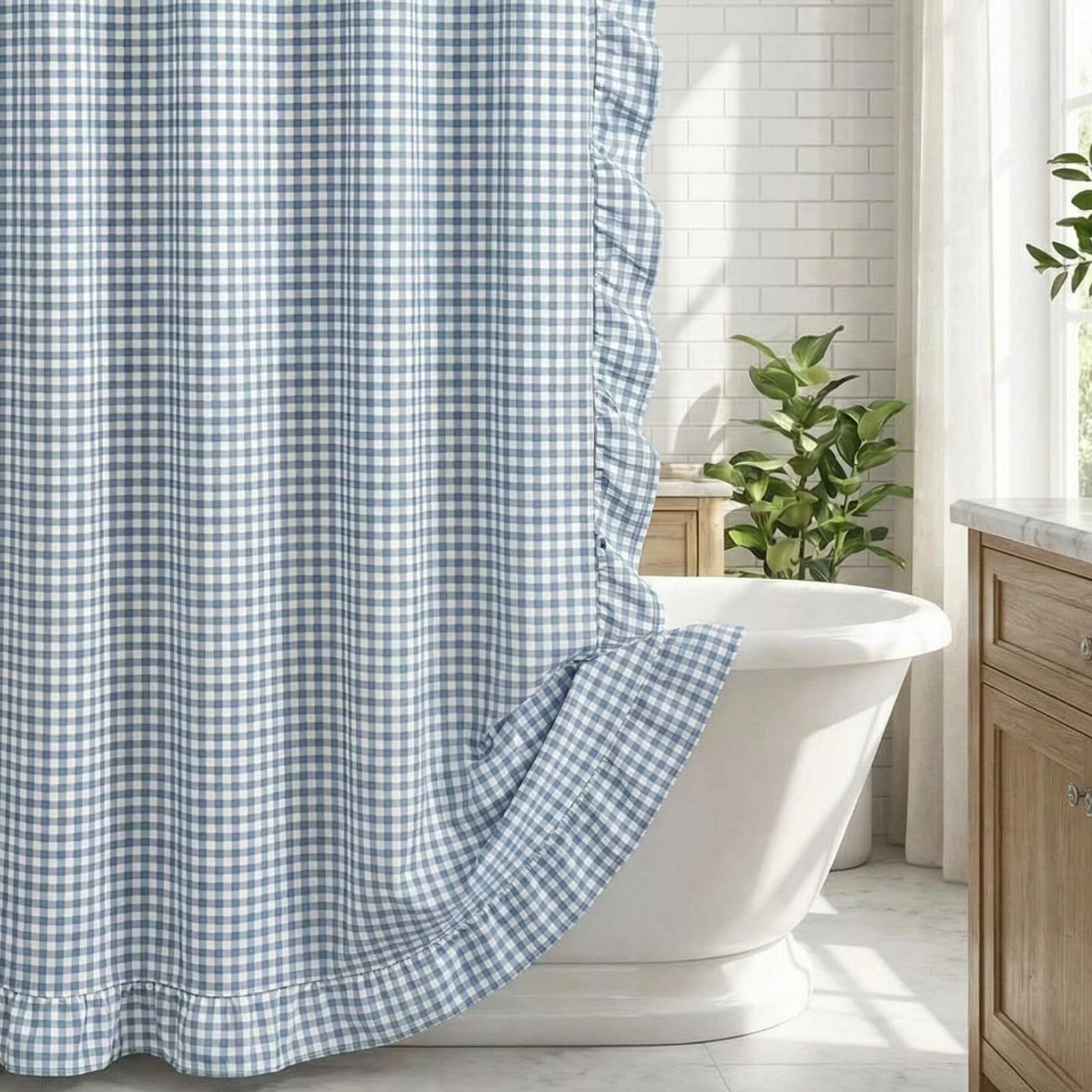 HunnmingRe front view showing dusty blue gingham for a cozy farmhouse look