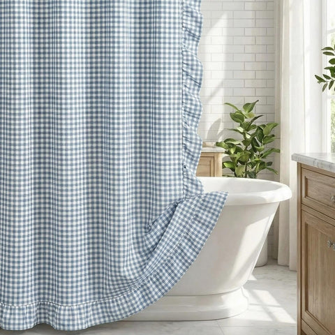 HunnmingRe front view showing dusty blue gingham for a cozy farmhouse look