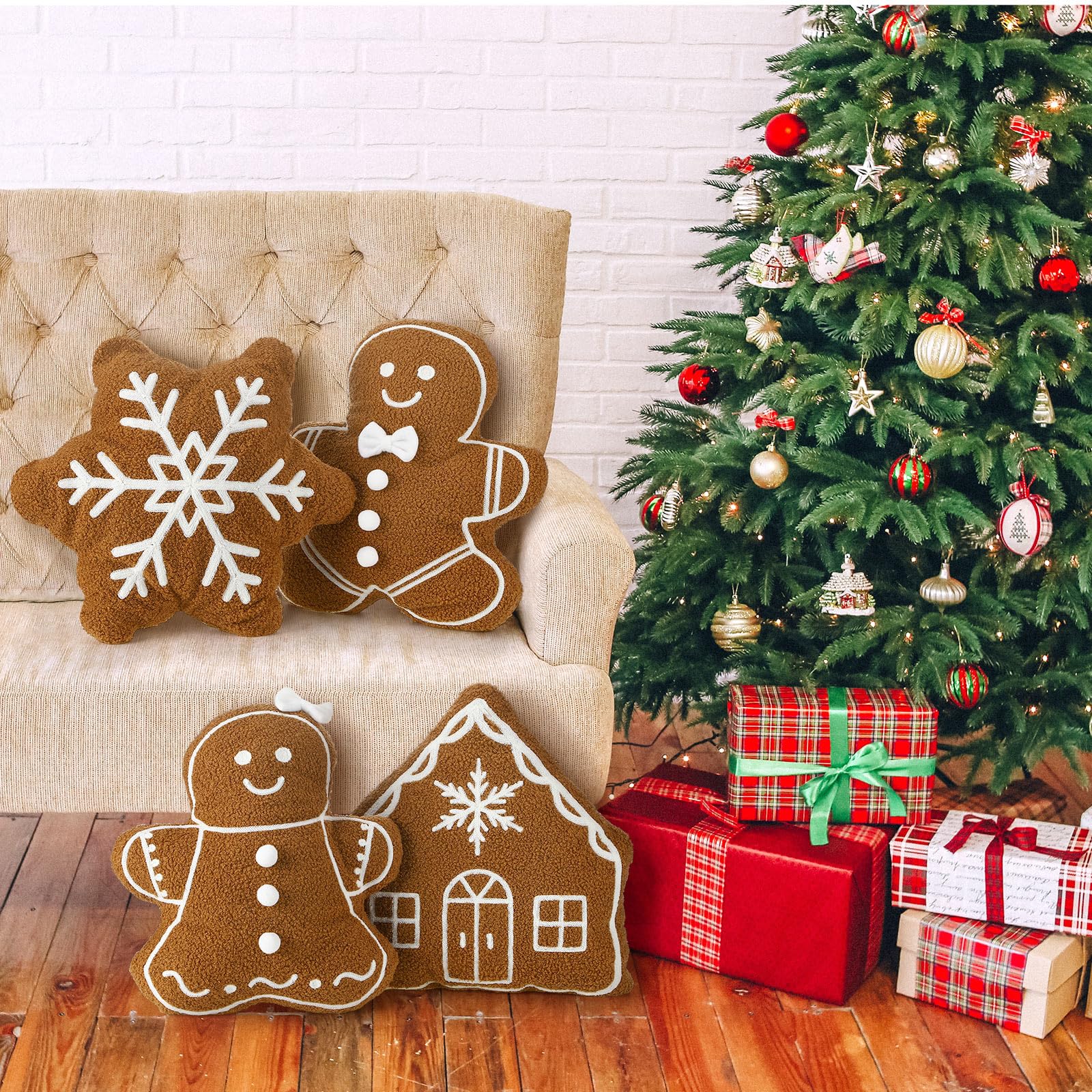 HunnmingRe pillows arranged by a fireplace conveying festive, inviting comfort