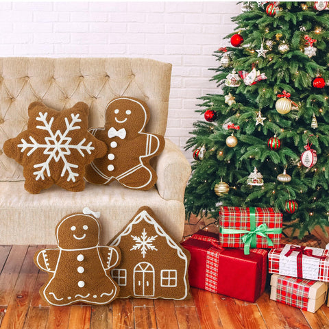 HunnmingRe pillows arranged by a fireplace conveying festive, inviting comfort