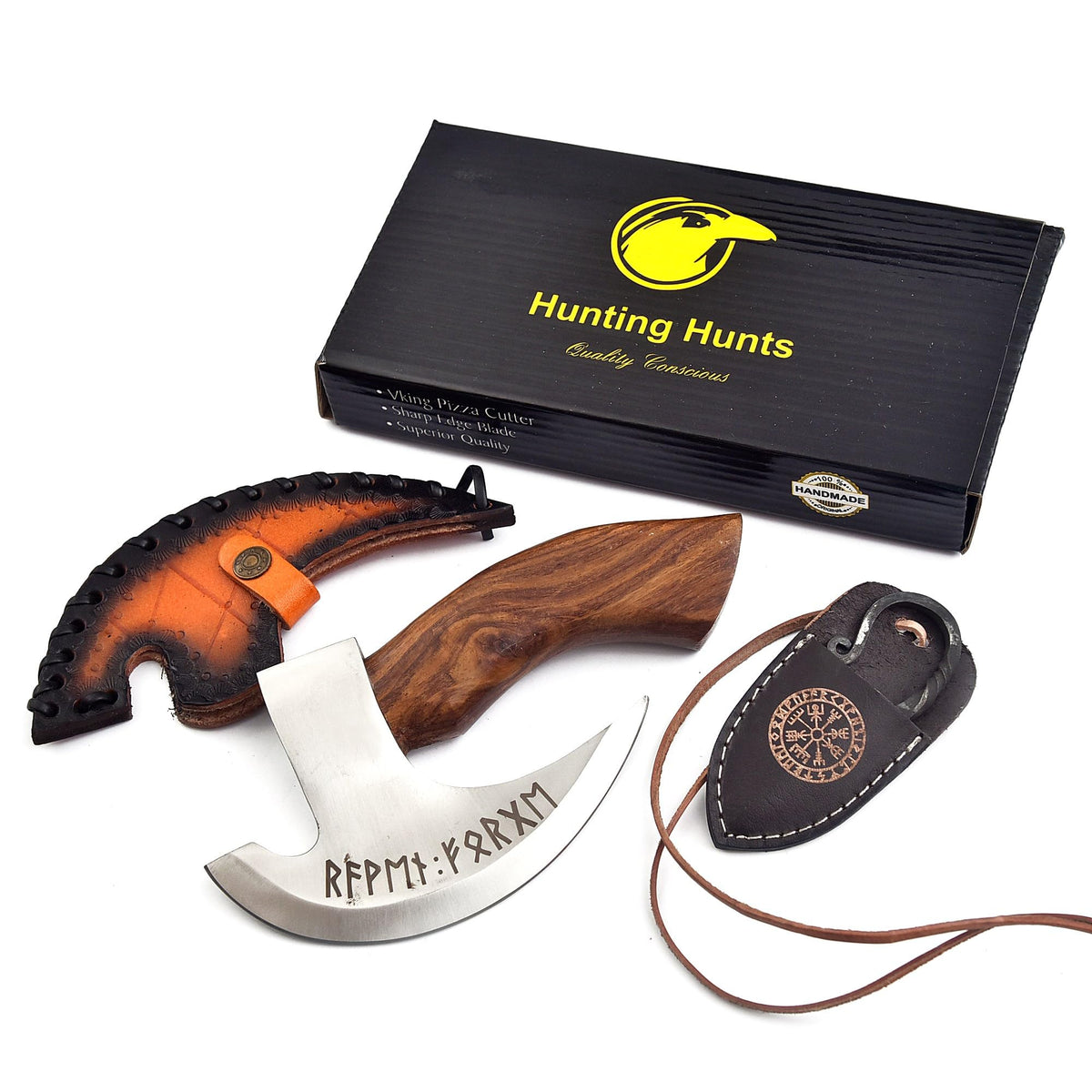 HUNTING HUNTS front view of Viking pizza cutter showing axe shape and balance benefit
