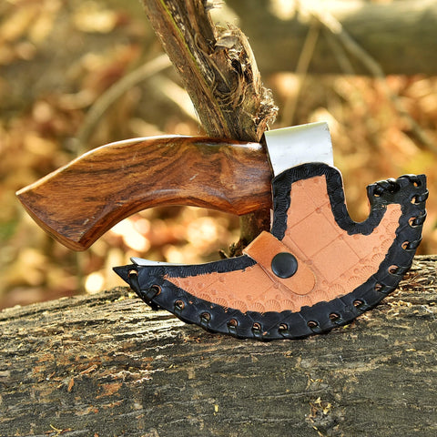 HUNTING HUNTS leather sheath resting on wood surface protecting blade during storage